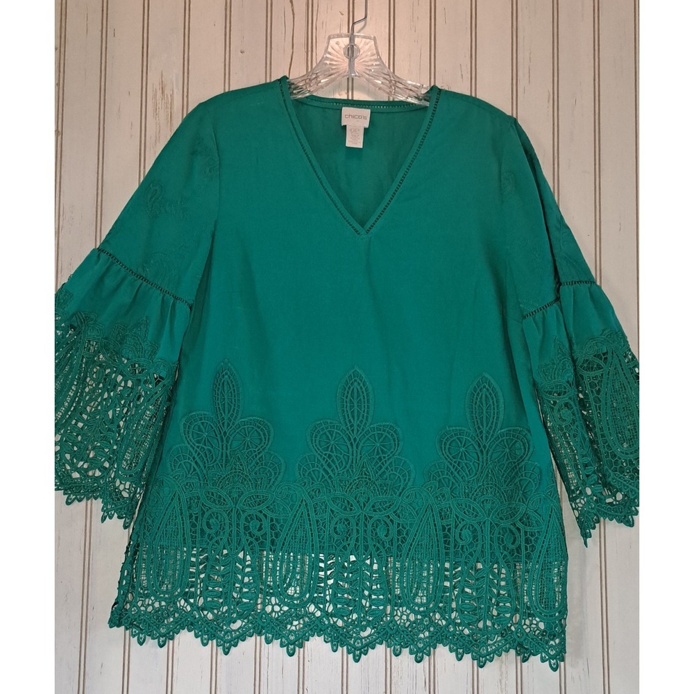 Chico's Kelly Green Crochet Lace Trim Blouse Embroidered Tunic Top 0P Small